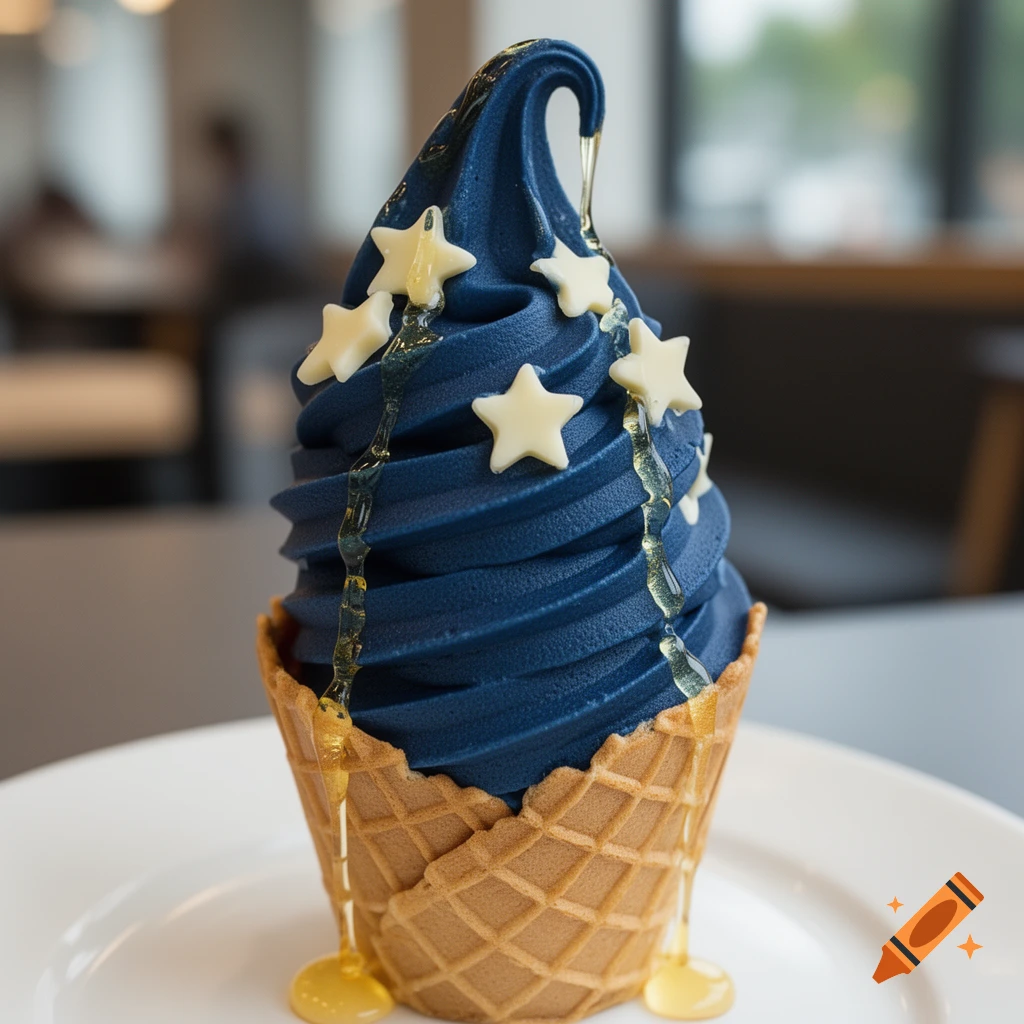 Photorealistic image of navy blue soft serve ice cream in a waffle cone, decorated with white chocolate stars and lemon syrup.