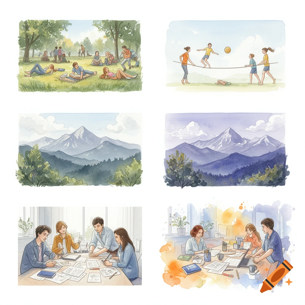 Watercolor illustrations showing multiple vignettes of people in a park, mountain landscapes, and working together.