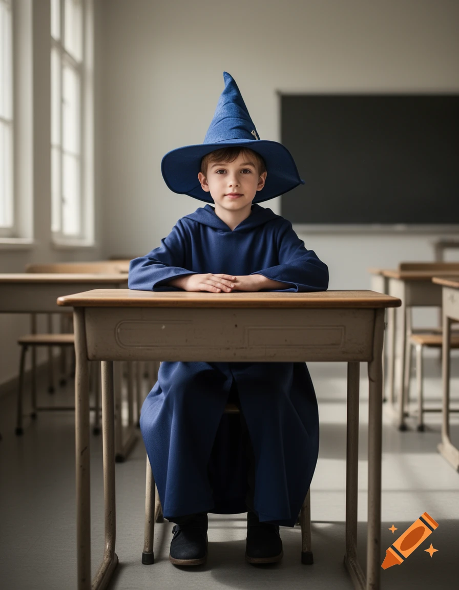 Photorealistic portrait of a young boy in a blue wizard robe and hat, sitting at a wooden school desk in a classroom.