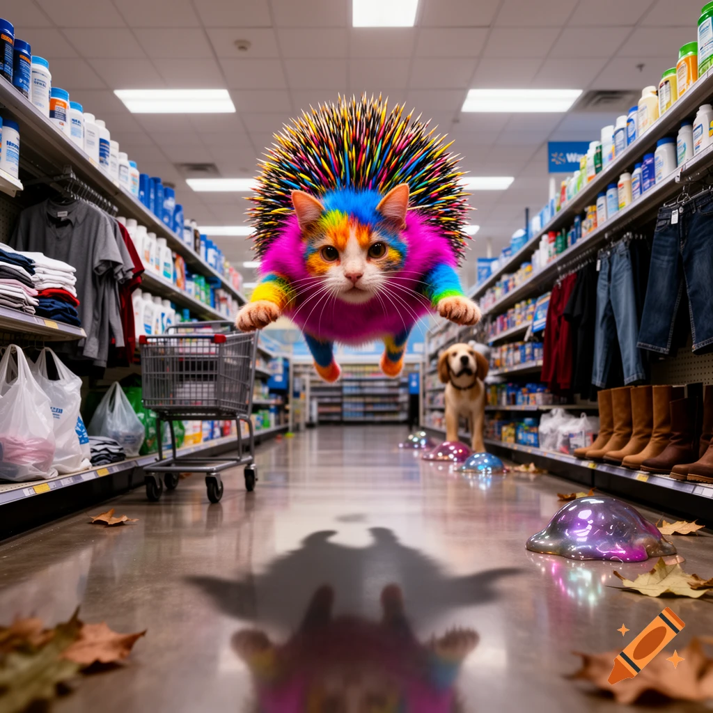 A colorful, rainbow-furred cat with porcupine quills flying down the aisle of a grocery store.