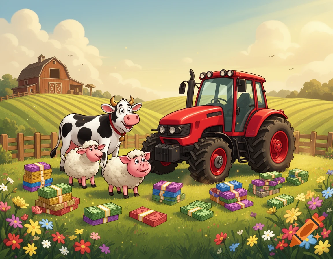 Cartoon illustration of a farm with a red tractor, a cow, a sheep, and stacks of money in a grassy field.