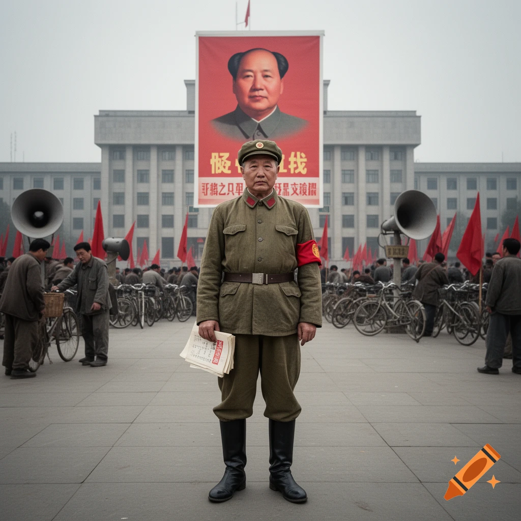Photorealistic image of a man in a military uniform standing in Tiananmen Square with a large portrait of Mao Zedong in the background.