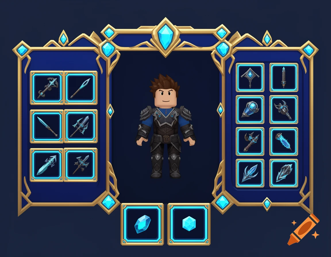 Roblox character UI with a central avatar surrounded by ornate blue and gold equipment slots and glowing gems.