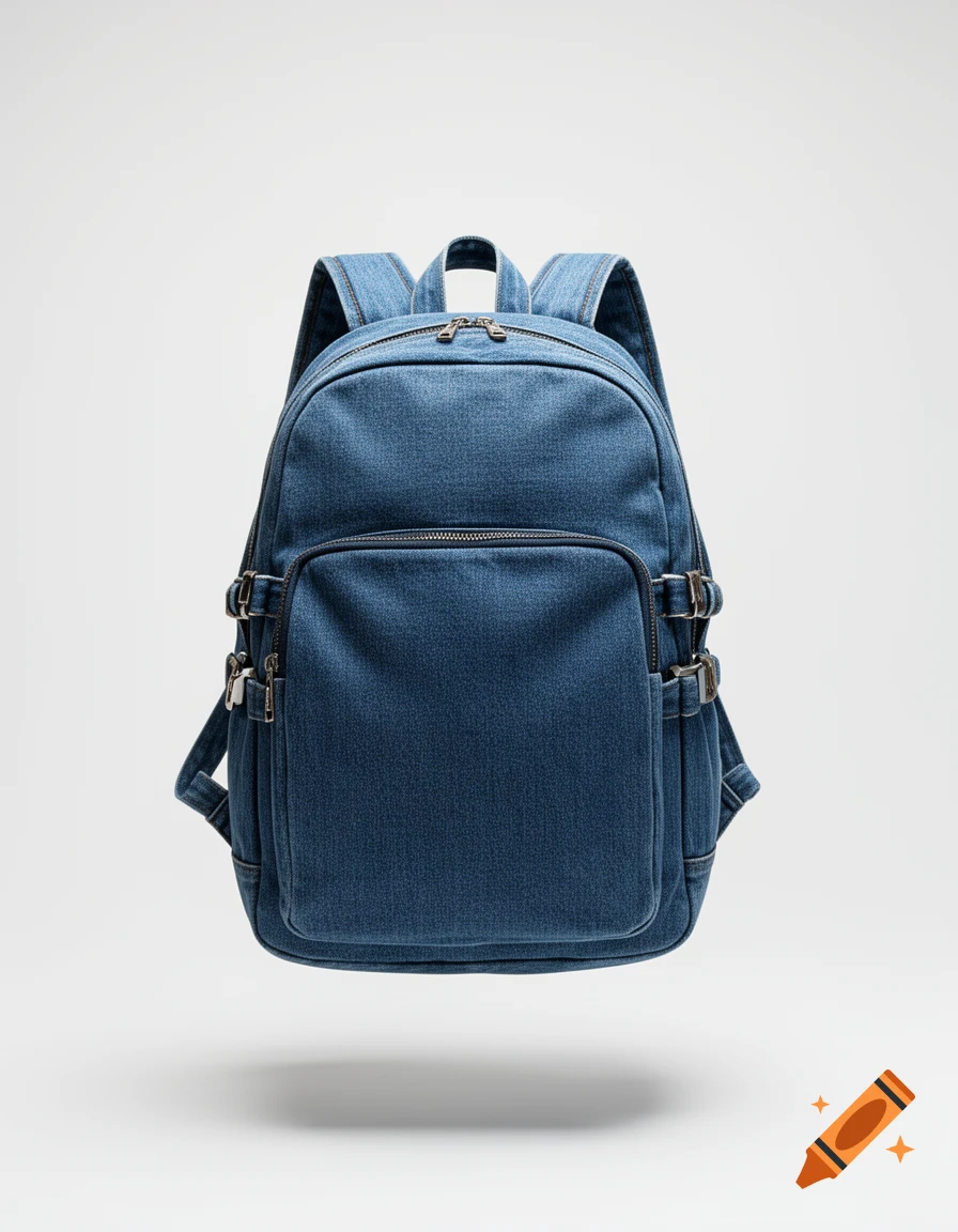 A photorealistic blue denim backpack suspended in mid-air against a plain white background.