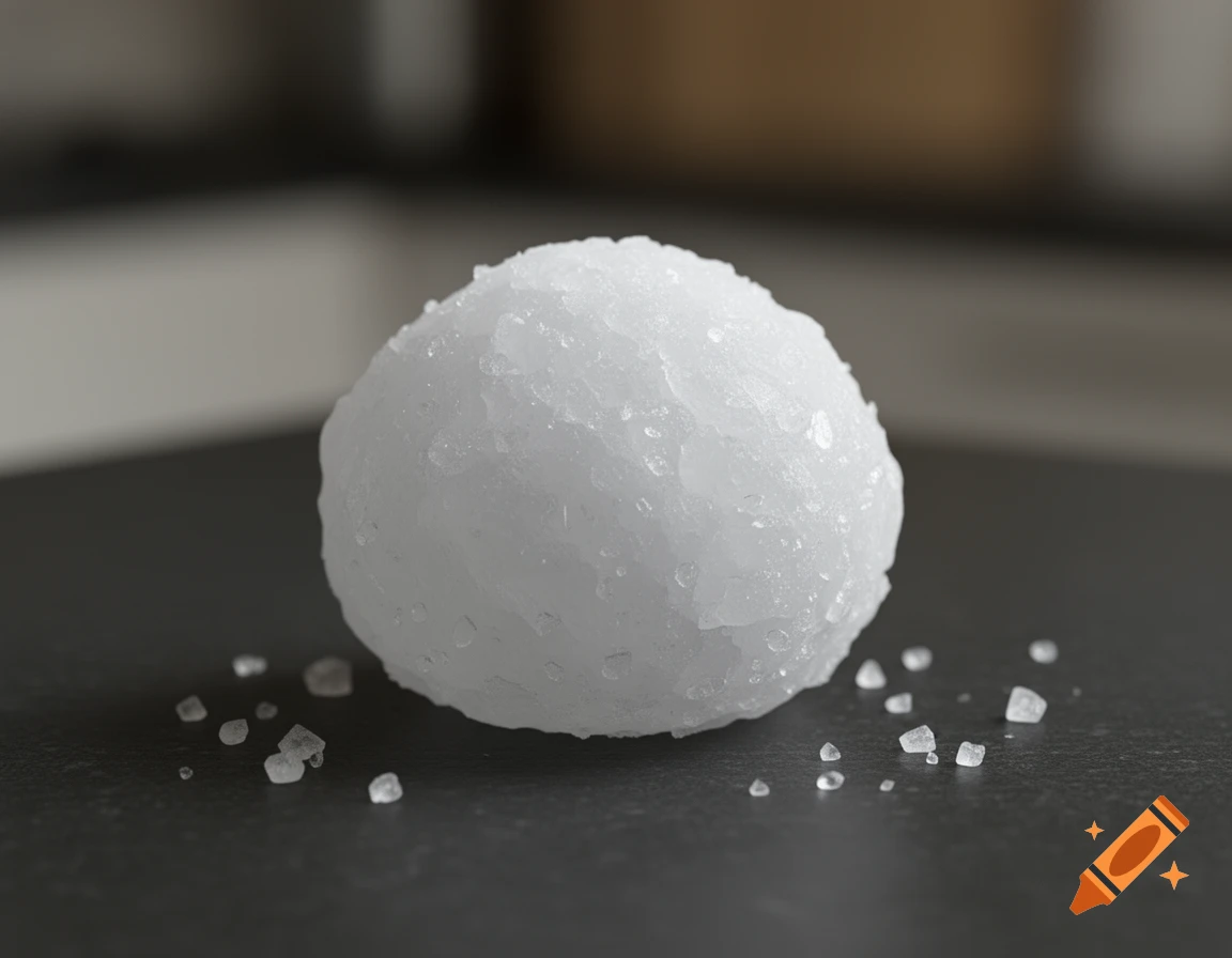 A photorealistic macro shot of a large, spherical lump of coarse salt surrounded by smaller salt grains on a dark surface.
