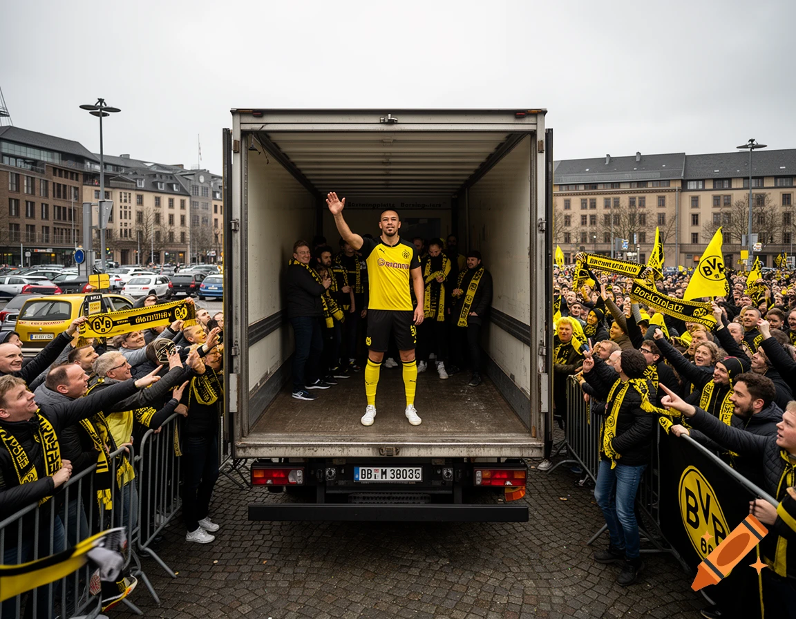 A photorealistic image of a Borussia Dortmund football player waving from the back of a delivery truck to a cheering crowd at Borsigplatz.