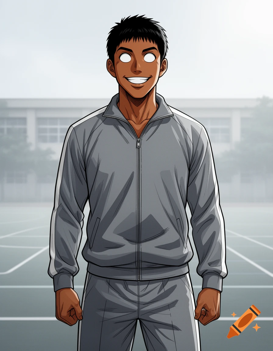 Anime illustration of a smiling man with dark skin, short black hair, and white eyes wearing a grey tracksuit standing on a court.
