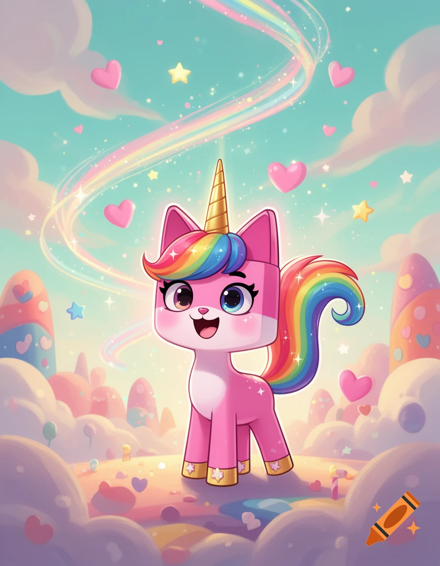 Colorful pink cartoon unicorn cat standing in a magical fantasy landscape with rainbows and clouds.