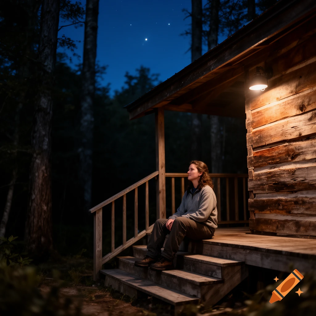 A person sitting on the porch steps of a wooden cabin at night, illuminated by an overhead light against a dark starry forest background. Photorealistic style.