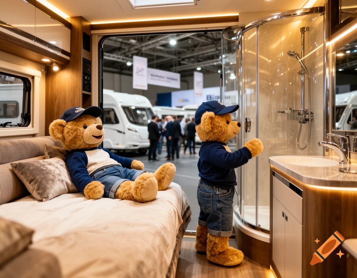 Photorealistic interior of a luxury caravan with two plush teddy bears wearing caps and jeans, one sitting on a bed and one looking into the bathroom.