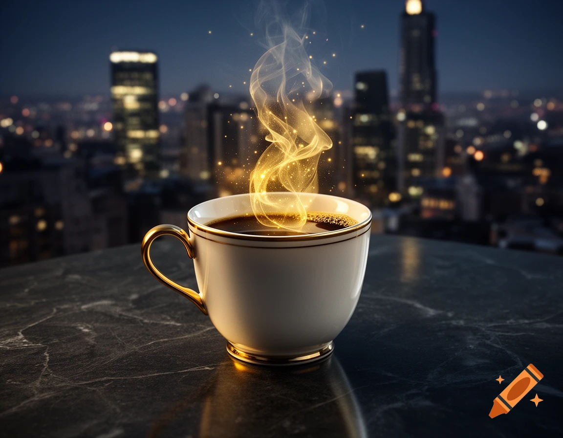 A luxurious white and gold coffee cup on a dark marble table with magical golden steam rising against a blurred city skyline at night, photorealistic.