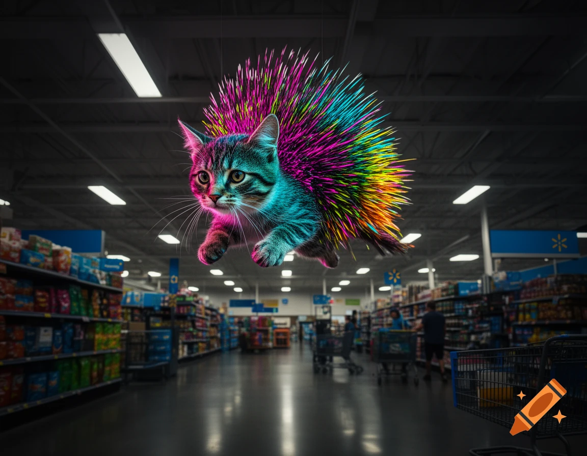 A photorealistic cat with vibrant, colorful porcupine-like quills flying near the ceiling inside a Walmart store.