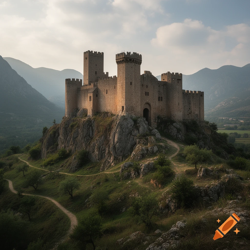 Photorealistic image of a medieval stone castle perched on a rocky hill surrounded by mountains and winding paths.