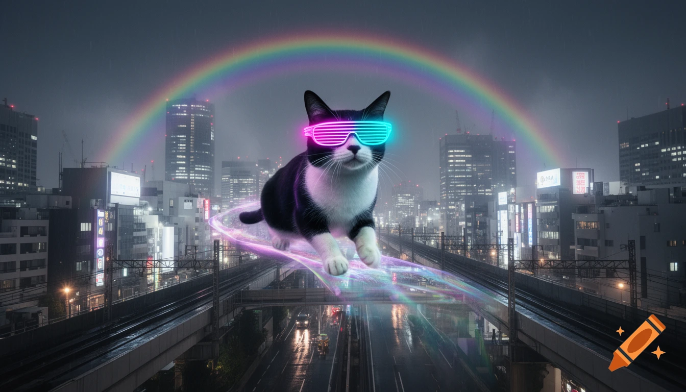 A black and white cat wearing neon cyberpunk sunglasses riding a glowing rainbow over a rainy Tokyo city at night.