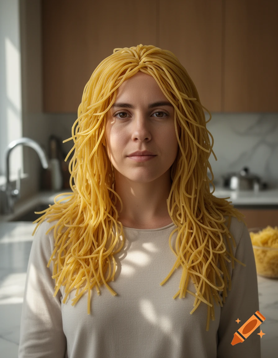 Photorealistic portrait of a person with long strands of yellow spaghetti in place of hair, standing in a kitchen.