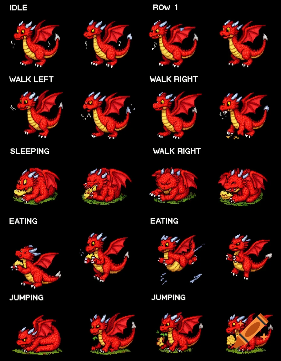 Pixel art sprite sheet of a red dragon in various animation poses like idle, walking, eating, and jumping on a black background.