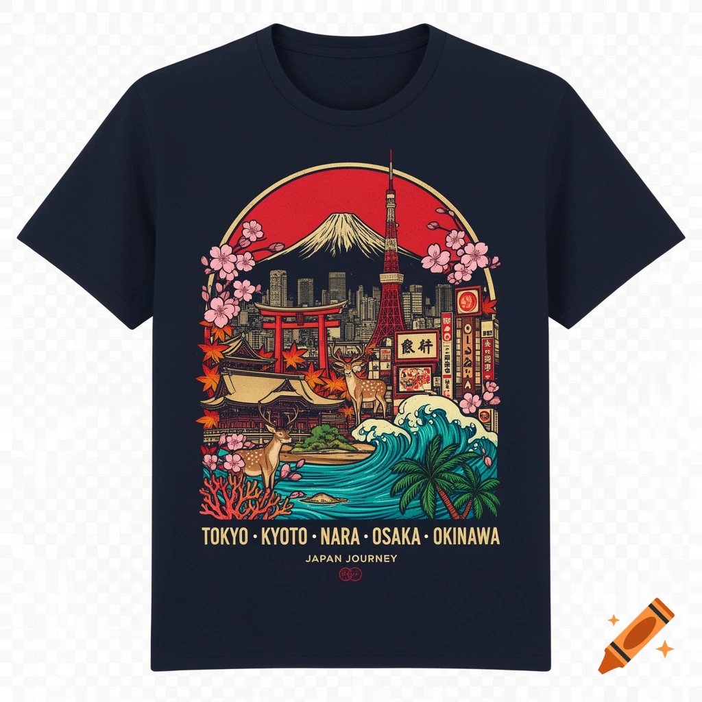 Dark blue t-shirt featuring a Japanese travel graphic design with Mount Fuji, Tokyo Tower, torii gate, deer, and cherry blossoms.