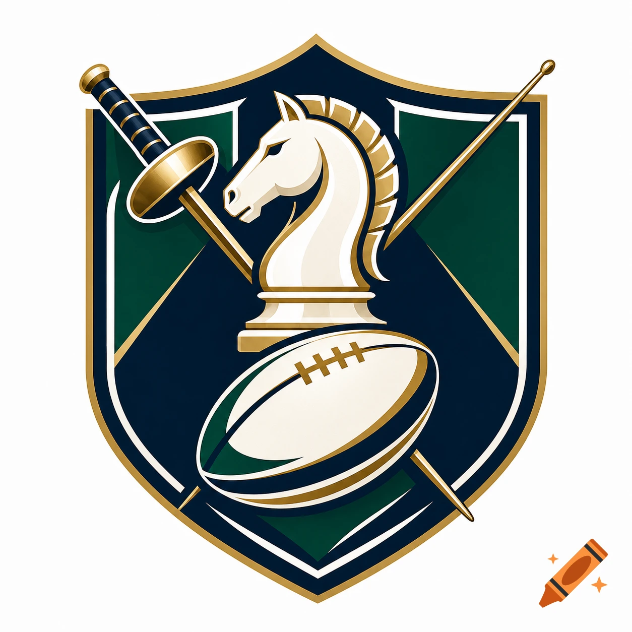 Emblem featuring a chess knight, a rugby ball, and a fencing foil on a shield background, vector logo style.