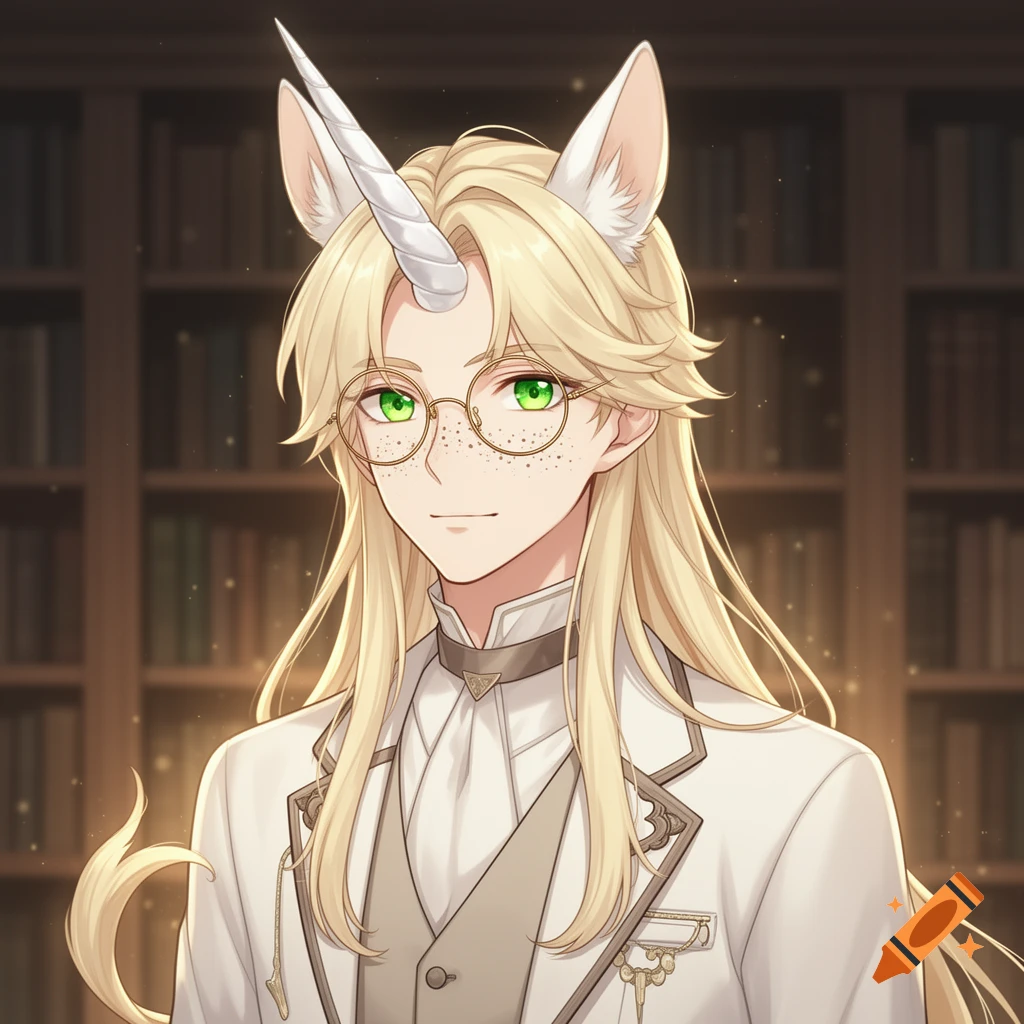 Anime style portrait of a male unicorn scholar with blonde hair, green eyes, freckles, and round glasses, standing in front of a bookshelf.