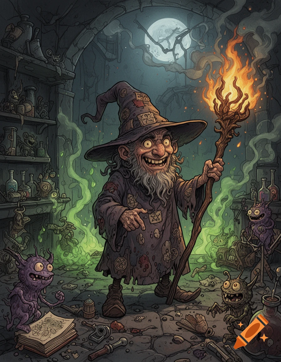 Detailed fantasy illustration of a disheveled wizard holding a flaming staff in a dungeon surrounded by small monsters.