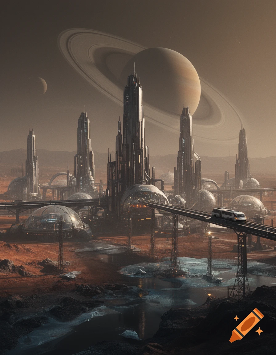 Futuristic city with towering spires and geodesic domes on a moon's surface, with Saturn and rings visible in the hazy sky.