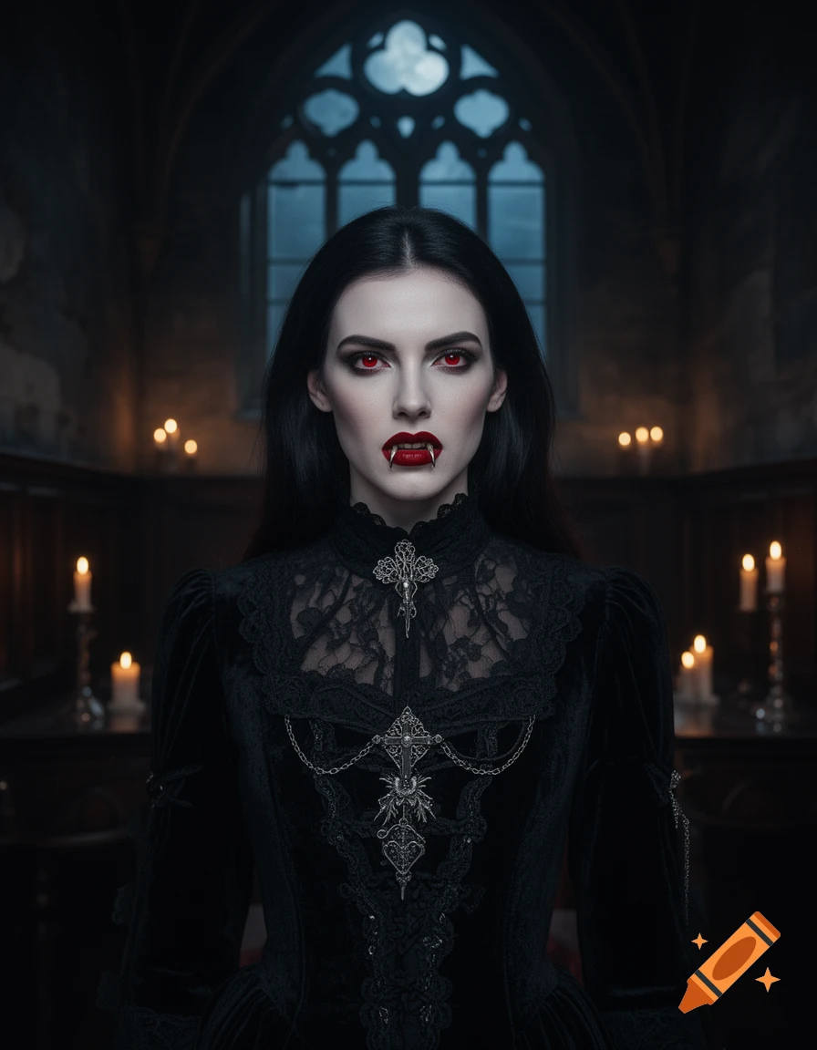 Photorealistic portrait of a pale vampire woman with black hair, glowing red eyes, and fangs, wearing a black lace gothic dress inside a church.