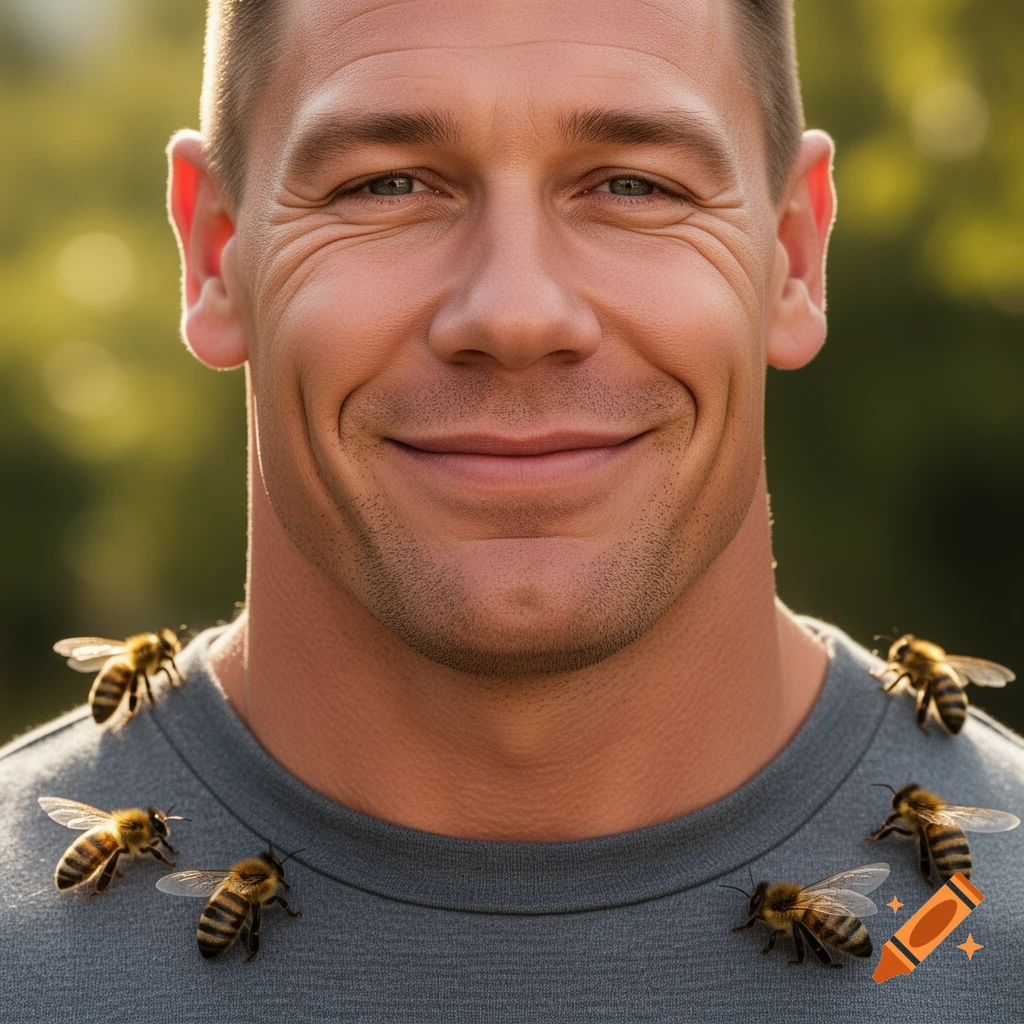 Close-up portrait of John Cena smiling gently with six bees resting on his shoulders and shirt.