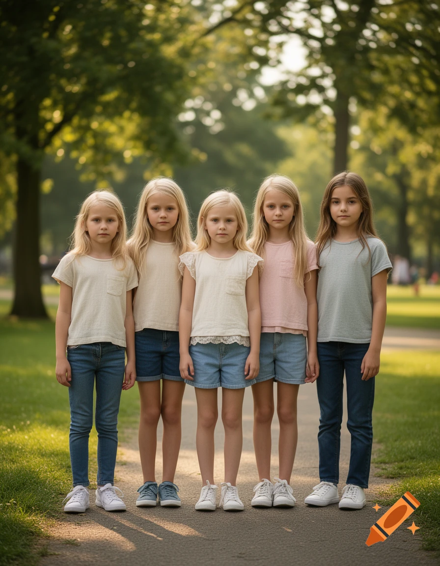 Five young blonde girls standing in a row on a path in a park, photorealistic.