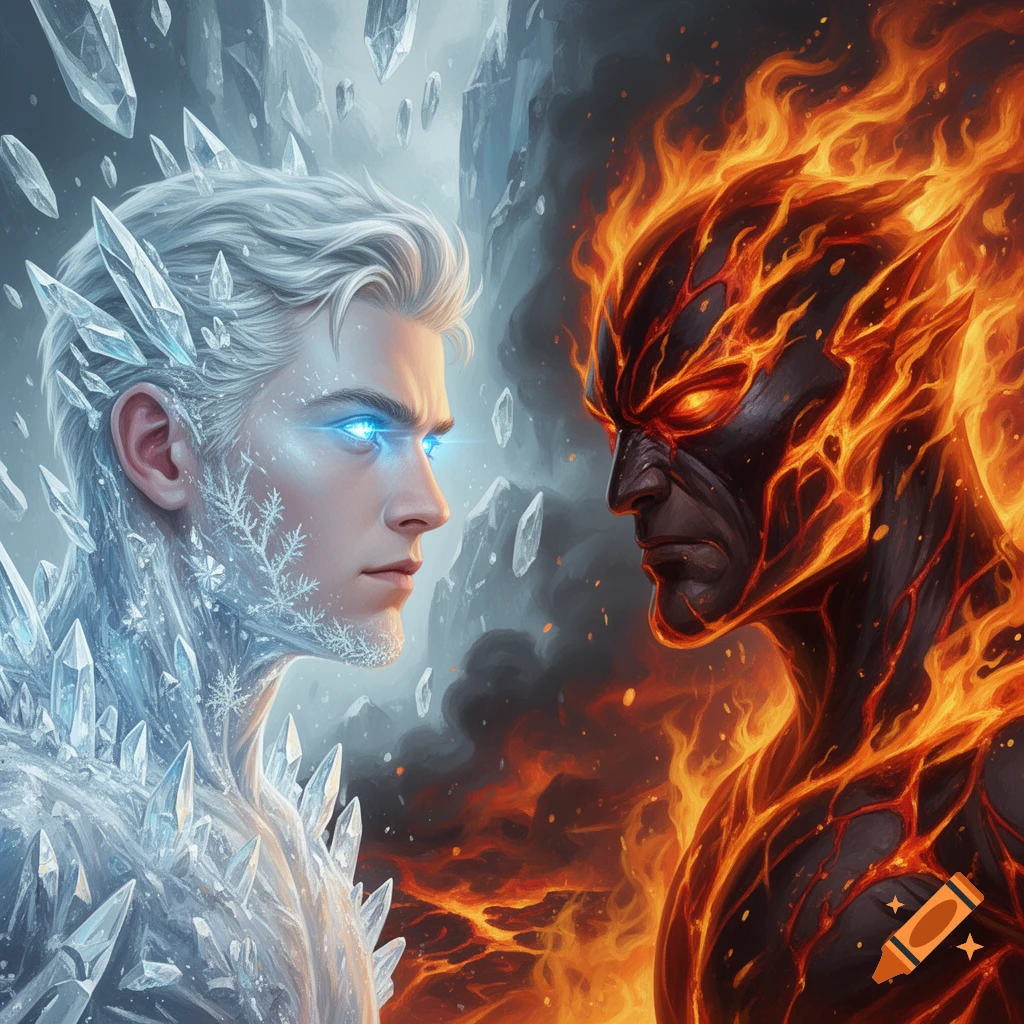 Digital painting of a close-up standoff between Iceman with glowing blue eyes and a fiery red-and-black supervillain.