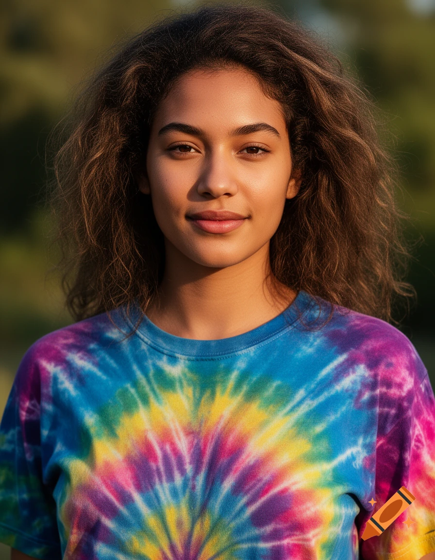 Close-up photorealistic portrait of a young woman with curly brown hair wearing a tie-dye t-shirt outdoors.