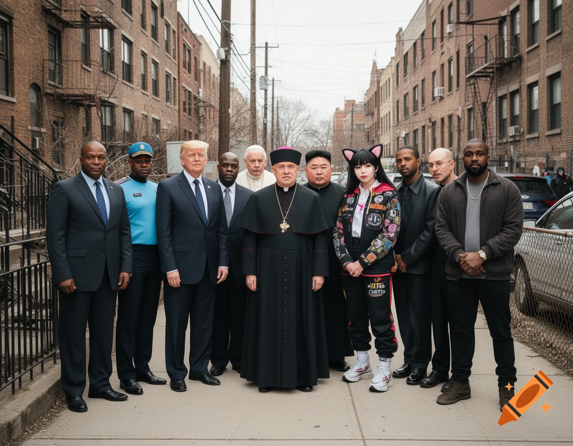 Photorealistic group portrait of various historical and political figures posing on an urban sidewalk.