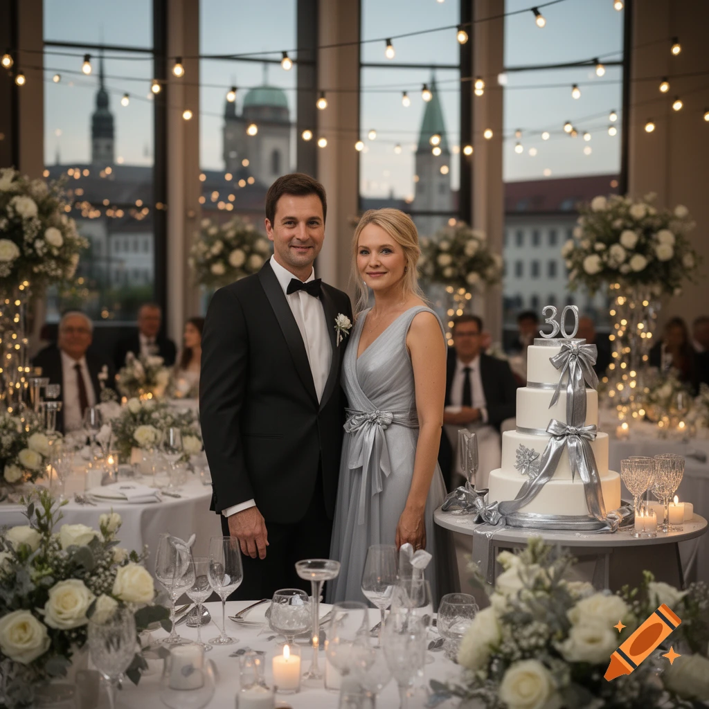 Photorealistic image of a couple celebrating their 25th wedding anniversary in a banquet hall with city views.