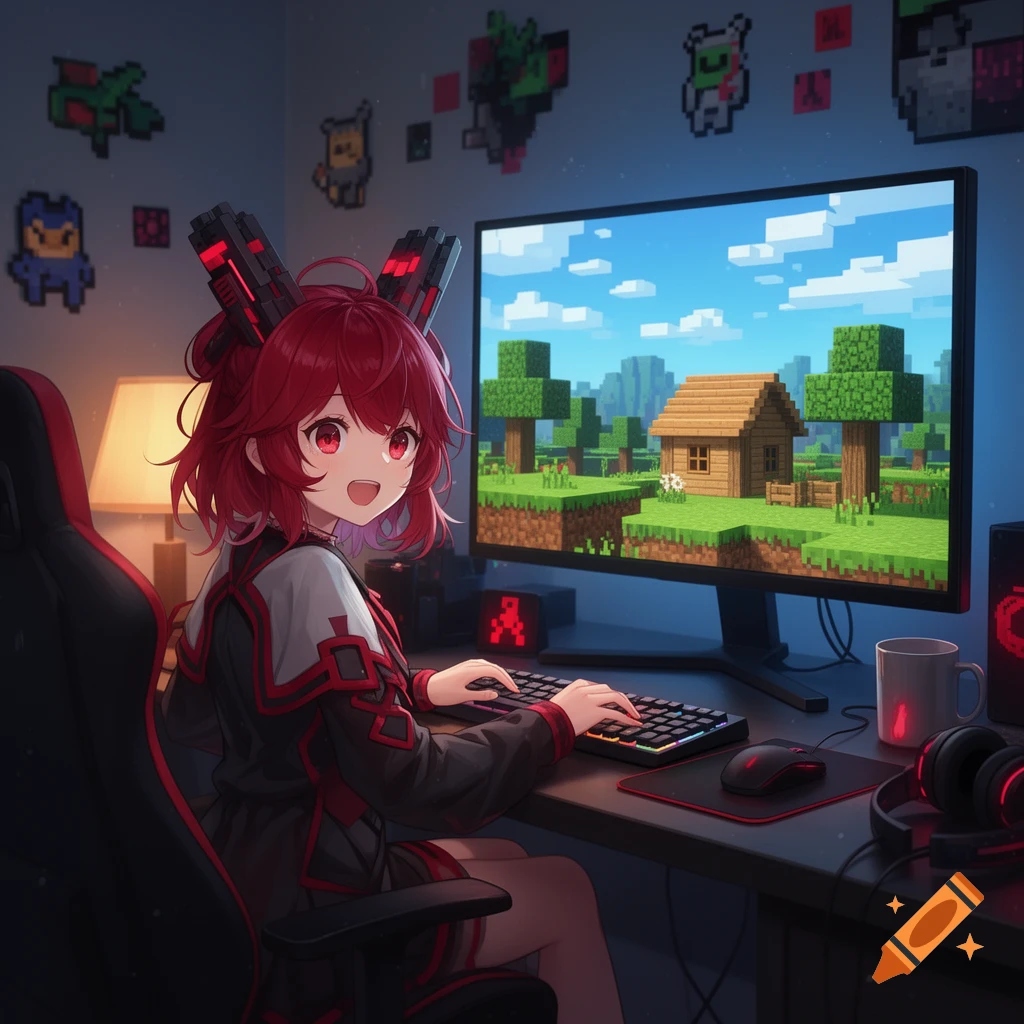 An anime-style girl with red hair and twin tails playing Minecraft on a large computer monitor in a bedroom.