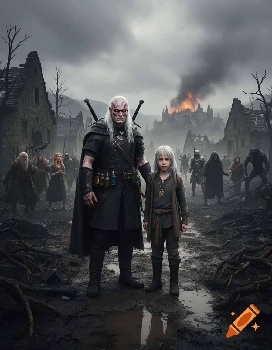 A white-haired monster hunter with potions and a young girl standing in a muddy village before a burning castle in a grim fantasy style.