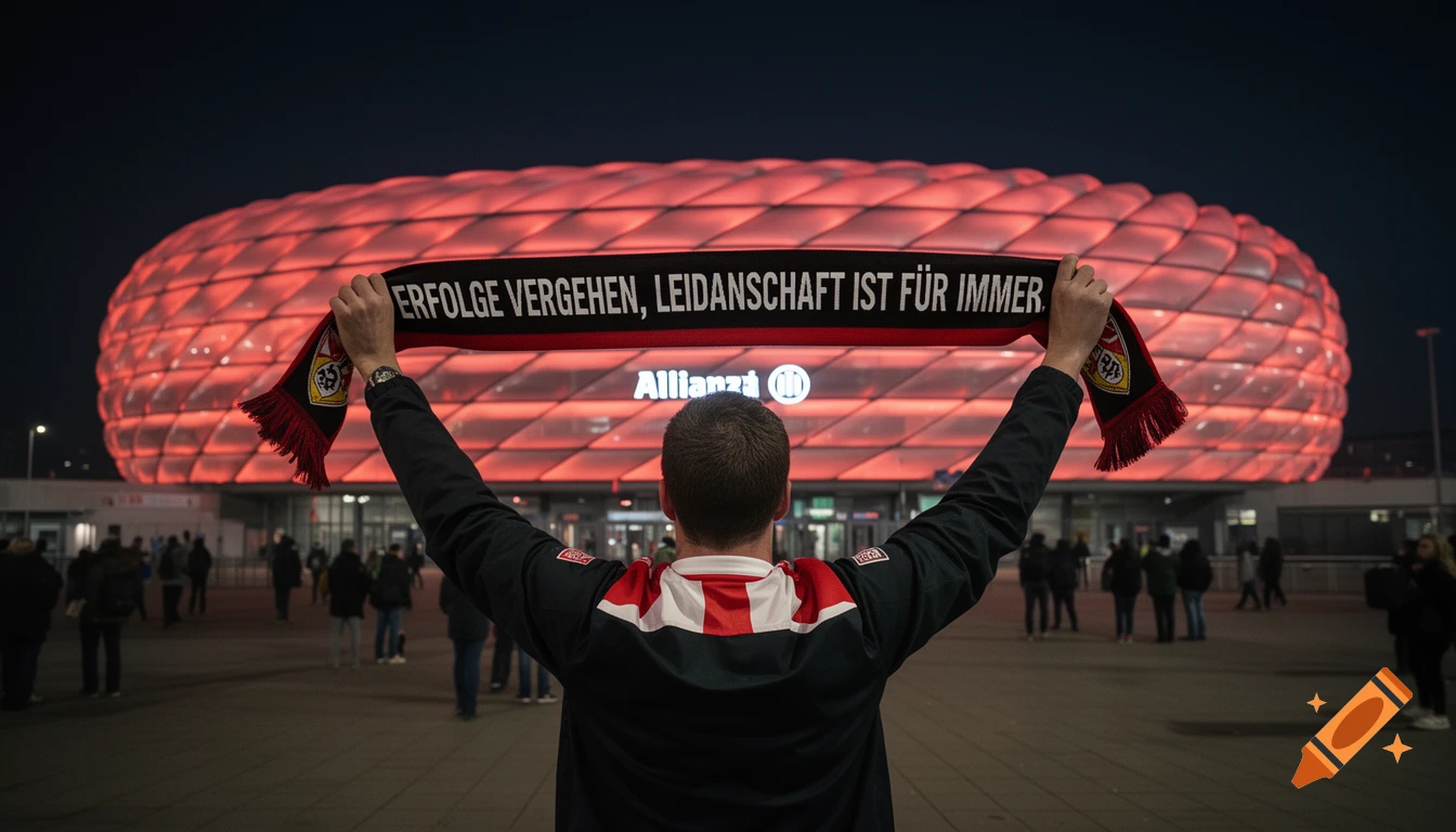 A VfB Stuttgart football fan from behind holding up a scarf with German text in front of the illuminated Allianz Arena at night.