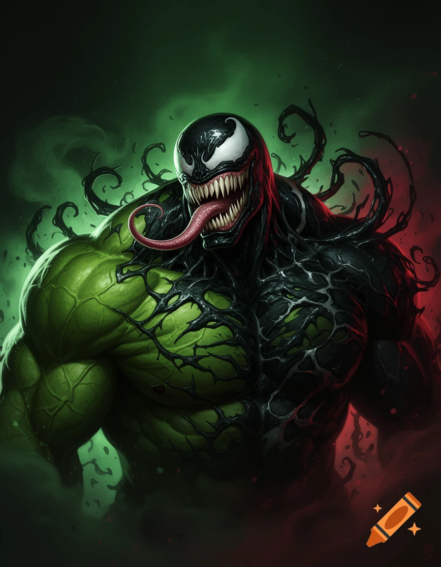 Digital illustration of a hybrid character combining Venom and the Hulk, featuring green muscular physique and black symbiote features with a long tongue.