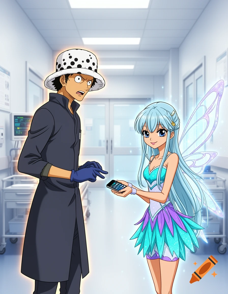 Anime style illustration of Trafalgar Law in a doctor coat talking to a blue-haired fairy holding a smartphone in a hospital hallway.
