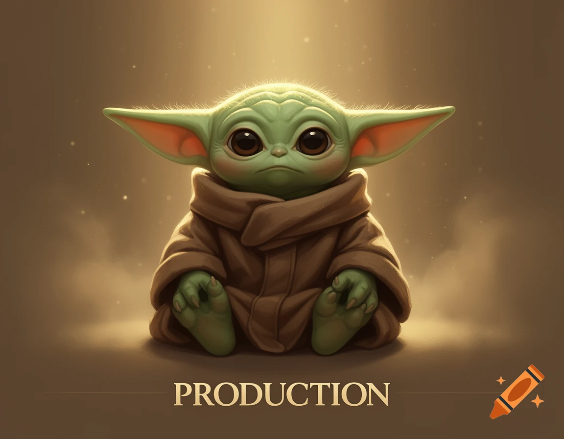 Digital illustration of a baby Yoda character in a brown robe sitting down, with the text PRODUCTION underneath.