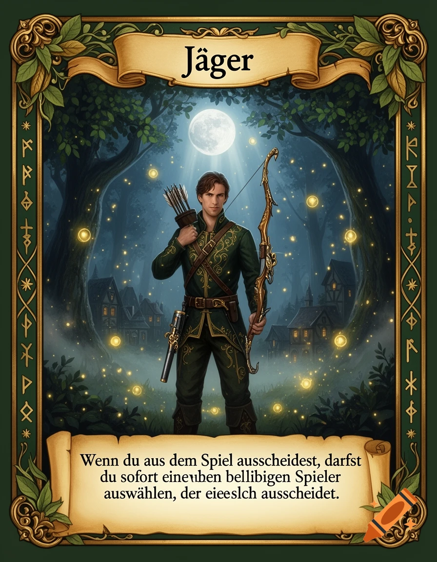 Fantasy trading card featuring a male hunter in green attire holding a bow in a mystical forest at night.