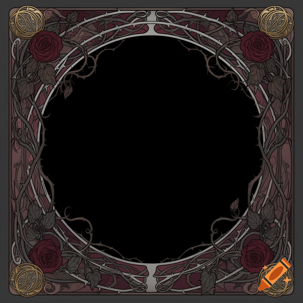 An Art Nouveau style card border frame featuring intricate organic vines, thorny briars, dark roses, and gold highlights with a black center.