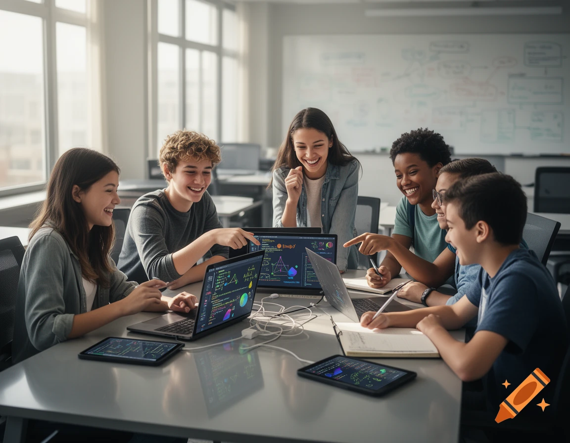 Photorealistic image of diverse classmates smiling and collaborating around a table with laptops and tablets in a classroom.