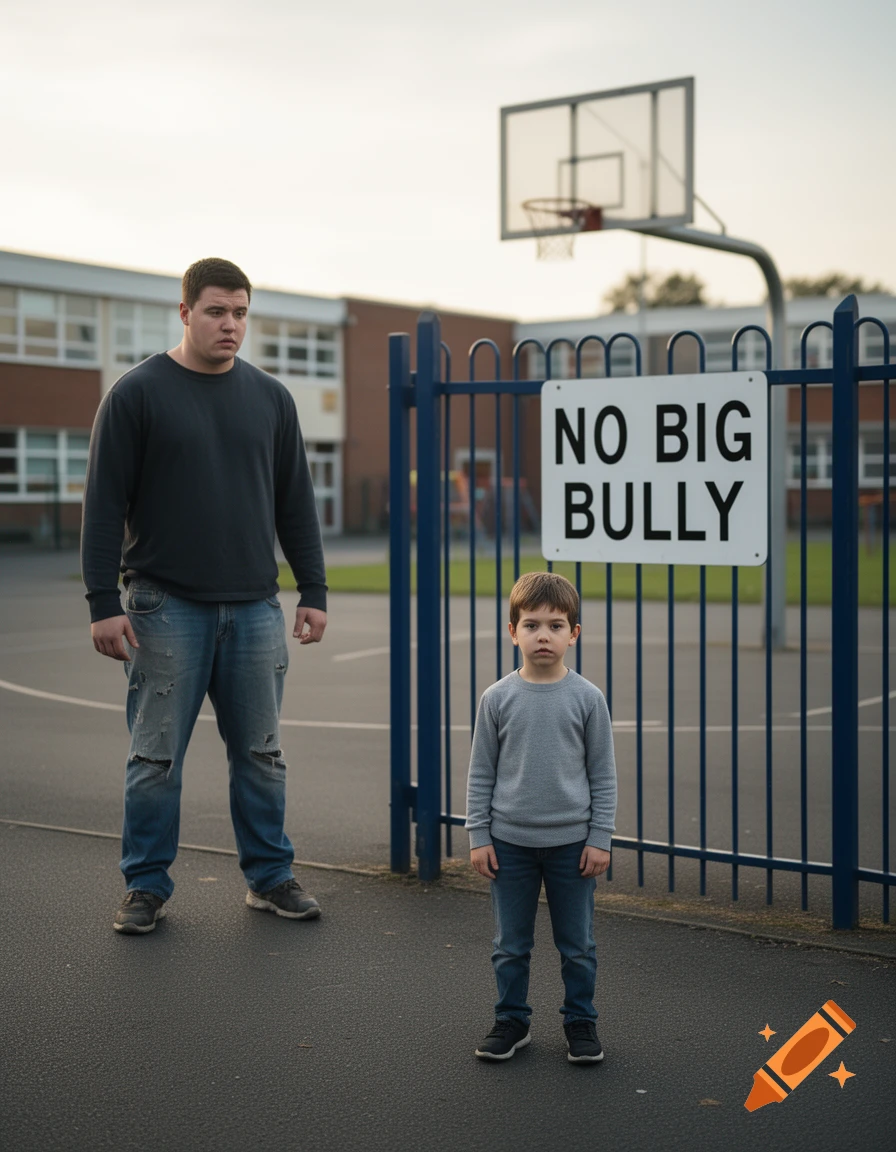 Photorealistic image of a tall young man and a young boy standing in a school playground near a basketball hoop and a sign reading 'NO BIG BULLY'.