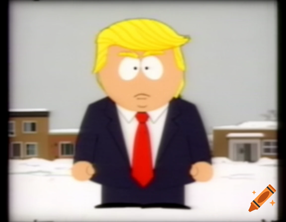 South Park style cartoon character resembling Donald Trump in a suit and red tie standing in the snow.