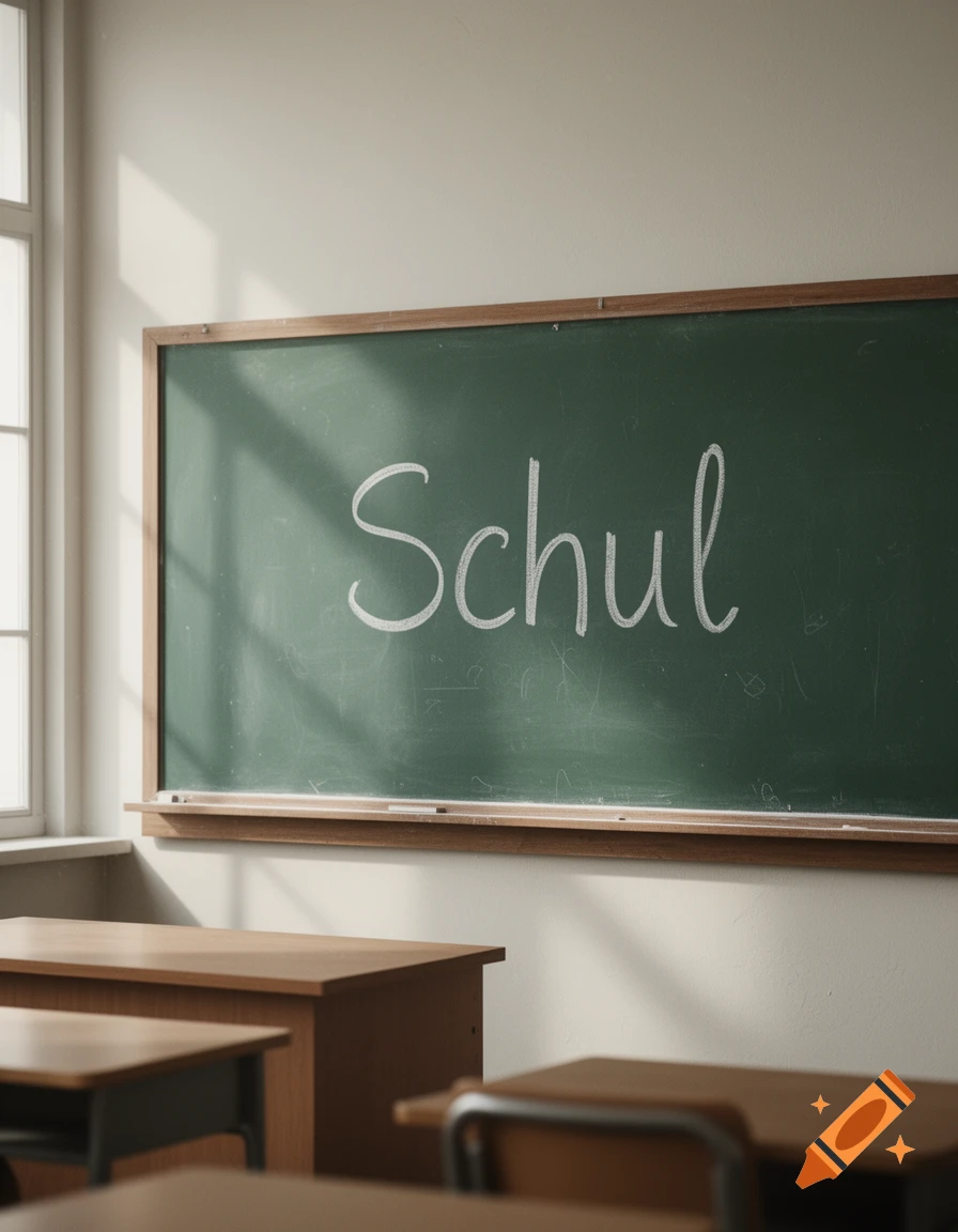 Photorealistic classroom interior with a green chalkboard displaying the word Schul.