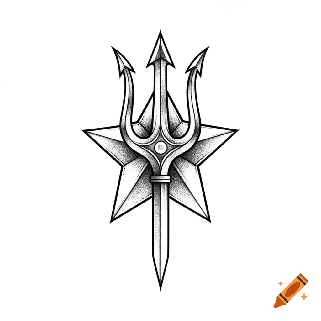 Fine line tattoo design of a trident combined with a Japanese star in black ink on a white background.