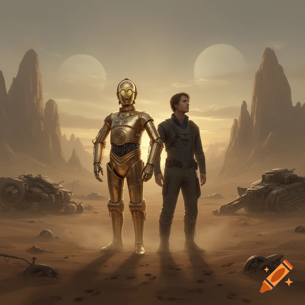 Cinematic sci-fi scene of C-3PO and a male human standing together on a desolate, rocky desert planet with two suns.