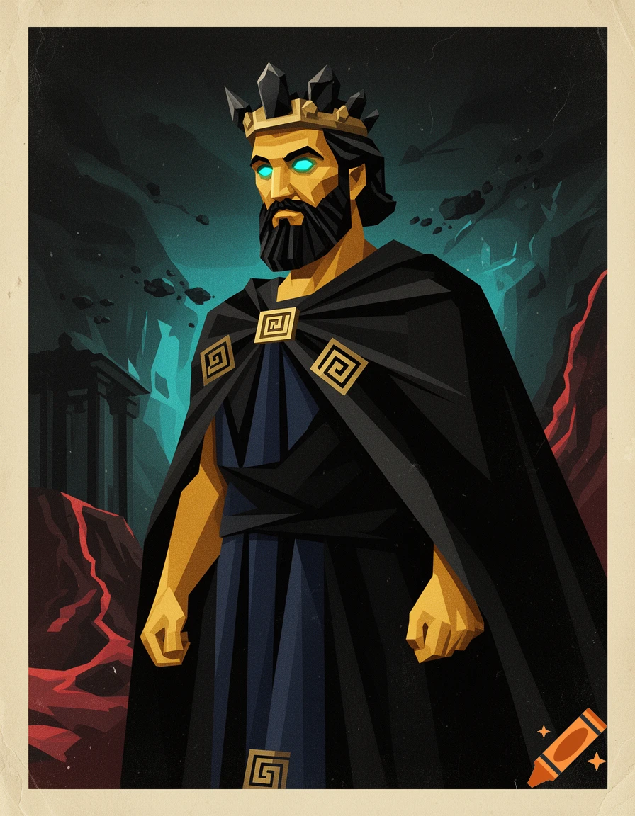 Retro geometric illustration of Hades with a black crown, glowing turquoise eyes, and dark cloak.