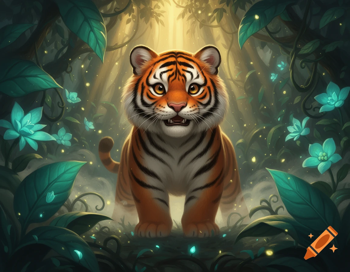 Fantasy painting of a cute tiger cub standing in a lush, glowing jungle with mystical flowers and fireflies.