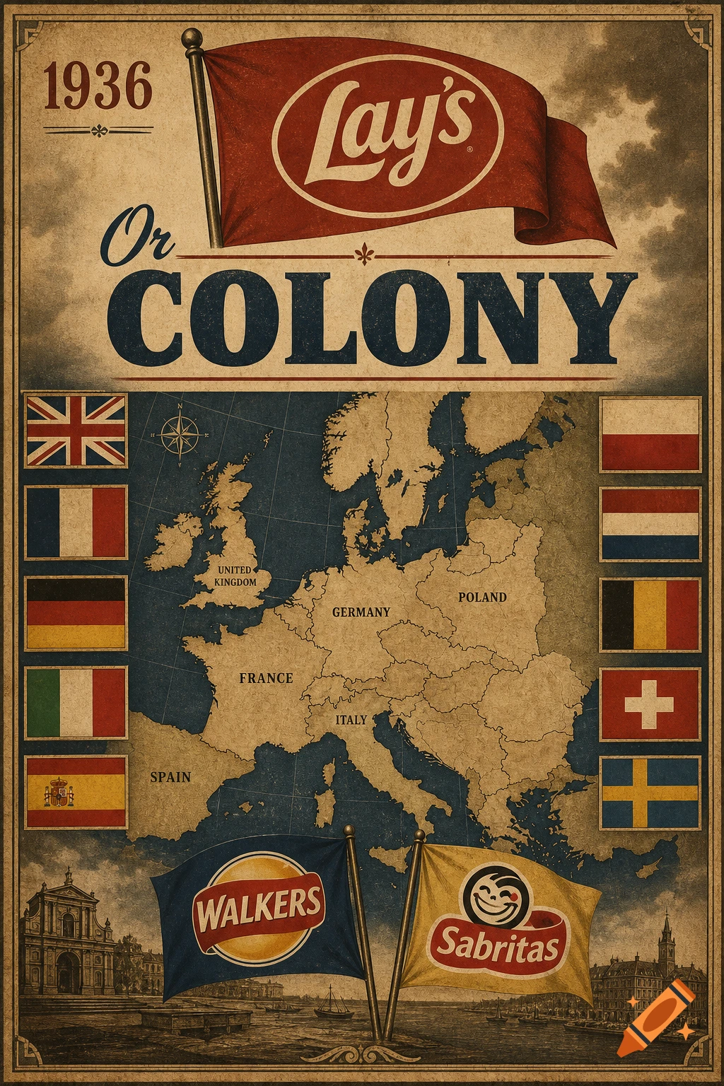 Vintage 1936 style poster featuring a map of Europe with flags, Lay's, Walkers, and Sabritas branding.