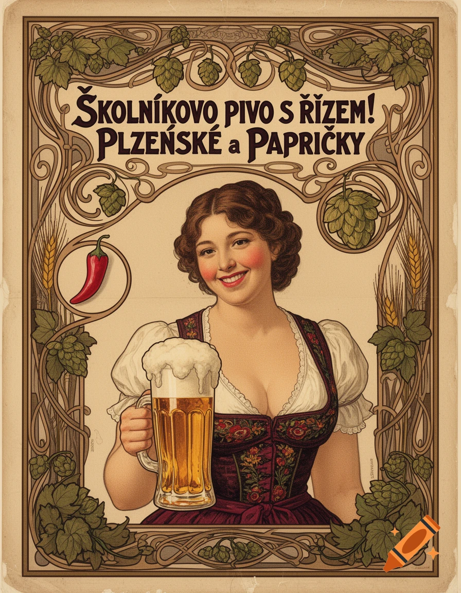 Art Nouveau vintage advertising poster featuring a smiling pub maid holding a large beer mug and a red chili pepper.